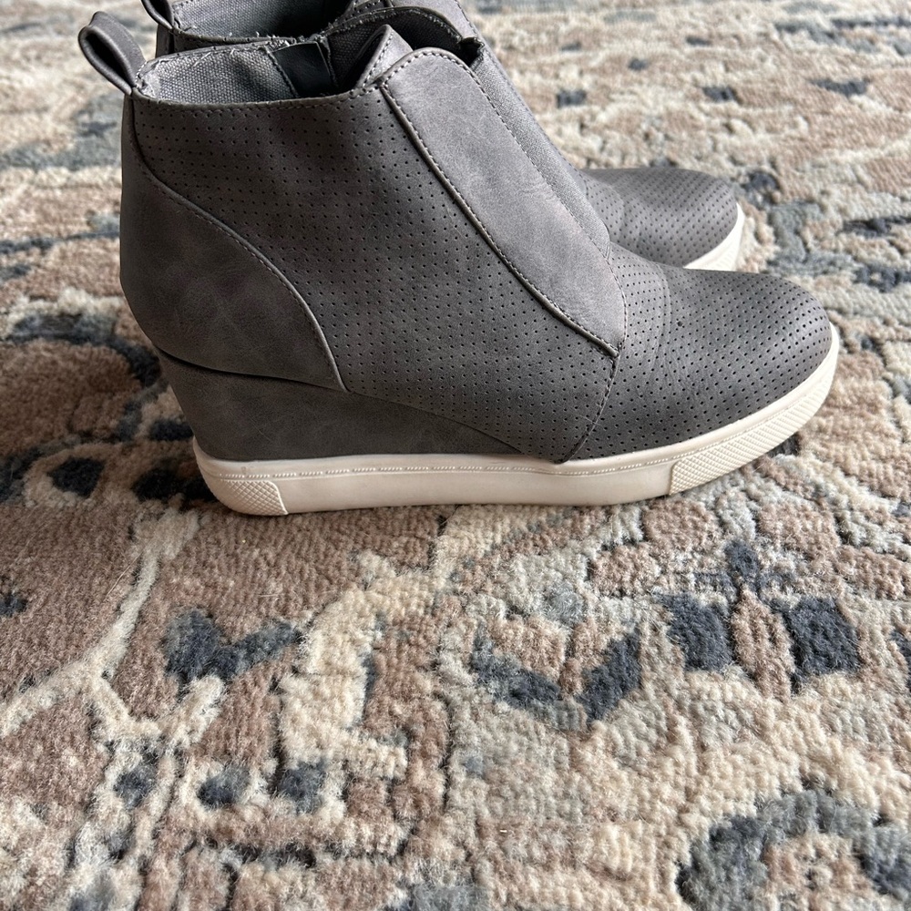 Gray Perforated Wedge Ankle Boots